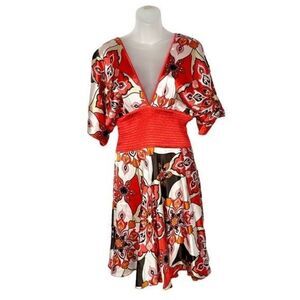 Bebe Red & White Floral Y2K Silk Kimono Reversible Mini Dress M